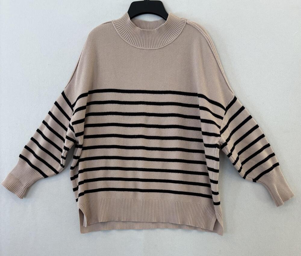 ZESICA Sweater Womens Medium Beige Striped Mock Neck Oversized Dolmman Sleeve